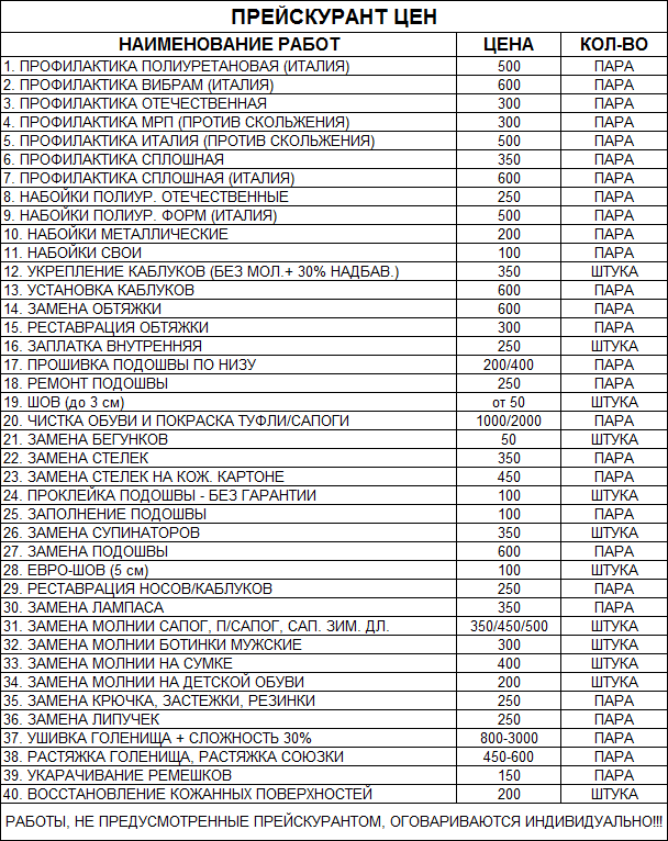 Прайс лист ремонтные. Расценки по ремонту обуви. Прейскурант обувной мастерской. Прейскурант по ремонту обуви. Прейскурант на ремонт обуви.